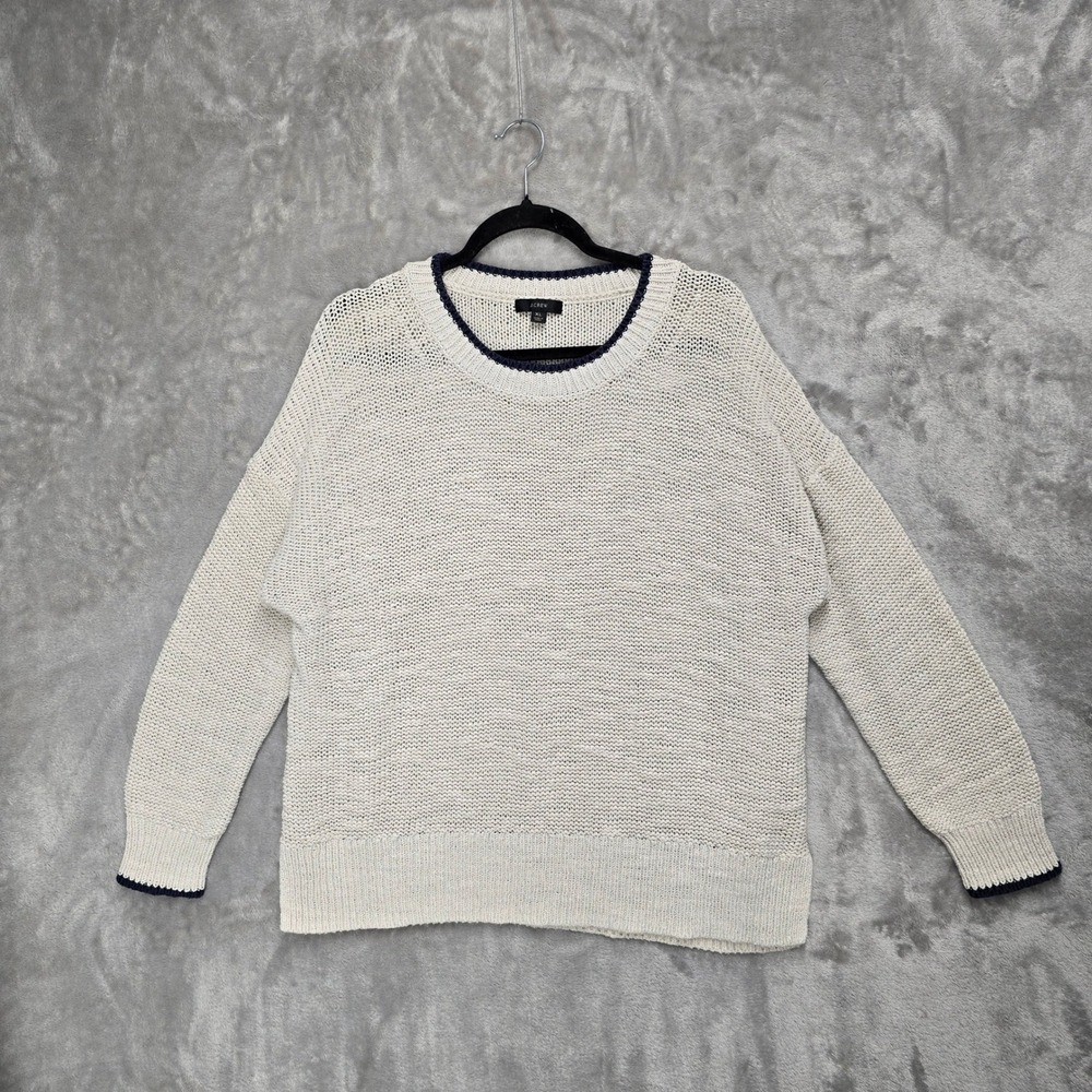 J.Crew Womens XL Beige Knit Sweater Blue Trim Oversized Pullover‎ Stretchy